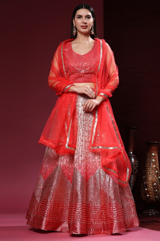 Fancy Heavy Organza Fabric with Elegant Real Mirror & Codding work Lehenga